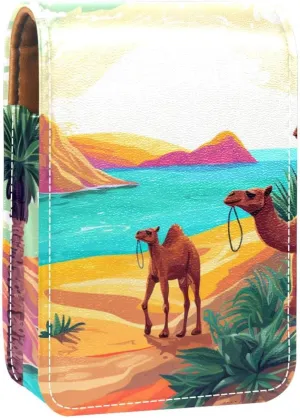 Lipstick Case,Leather Lip Gloss Lipstick Organizer with Mirror,Mini Lipstick Holder Bag,Desert Tropical Camel