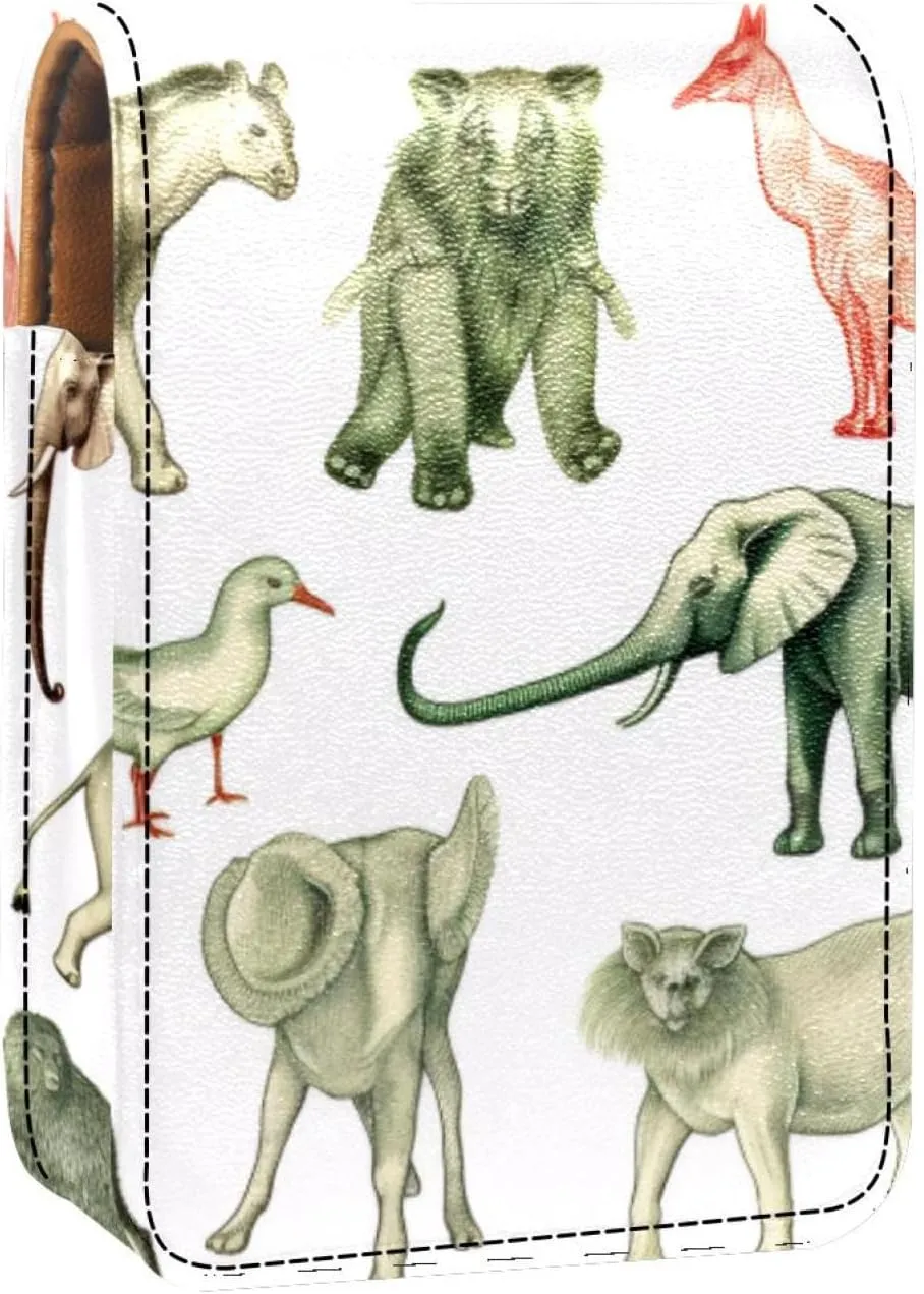 Lipstick Case,Leather Lip Gloss Lipstick Organizer with Mirror,Mini Lipstick Holder Bag,Elephant Abstract Animal Pattern