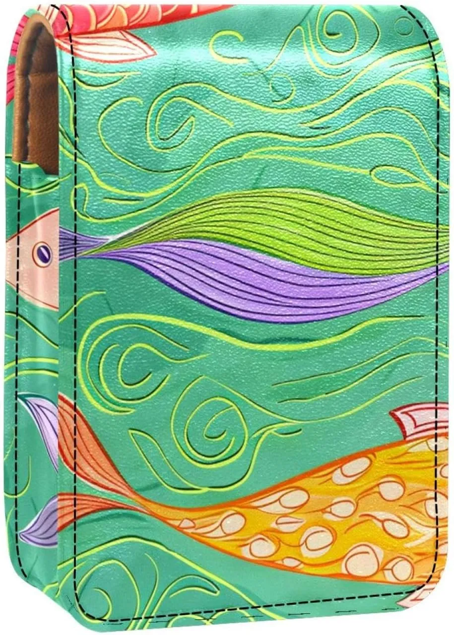 Lipstick Case,Leather Lip Gloss Lipstick Organizer with Mirror,Mini Lipstick Holder Bag,Fish Colorful Print