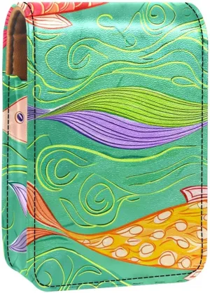 Lipstick Case,Leather Lip Gloss Lipstick Organizer with Mirror,Mini Lipstick Holder Bag,Fish Colorful Print