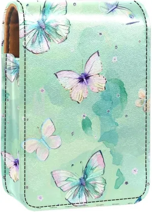 Lipstick Case,Leather Lip Gloss Lipstick Organizer with Mirror,Mini Lipstick Holder Bag,Flying Butterflies Flowers
