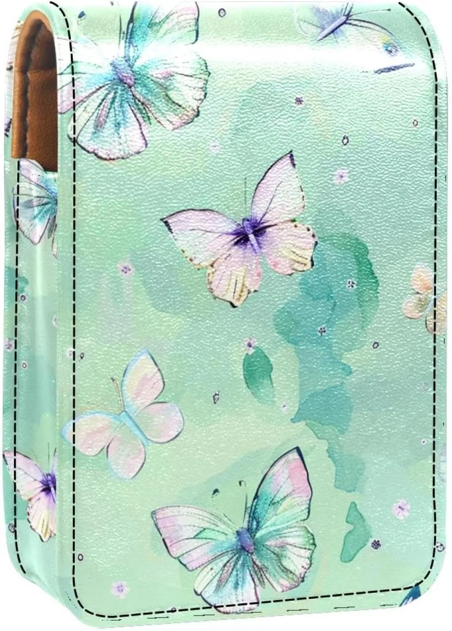 Lipstick Case,Leather Lip Gloss Lipstick Organizer with Mirror,Mini Lipstick Holder Bag,Flying Butterflies Flowers
