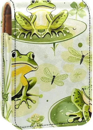 Lipstick Case,Leather Lip Gloss Lipstick Organizer with Mirror,Mini Lipstick Holder Bag,Frog Lotus Leaf Dragonfly