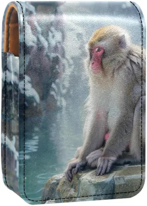 Lipstick Case,Leather Lip Gloss Lipstick Organizer with Mirror,Mini Lipstick Holder Bag,Wild Japanese Snow Monkey