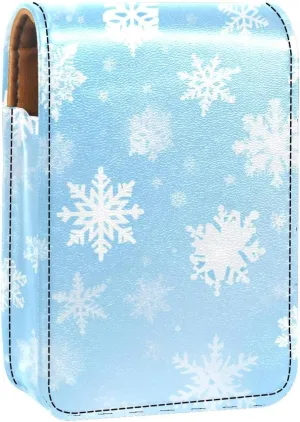 Lipstick Case,Leather Lip Gloss Lipstick Organizer with Mirror,Mini Lipstick Holder Bag,Winter Floral Snowflake