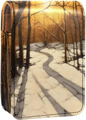 Lipstick Case,Leather Lip Gloss Lipstick Organizer with Mirror,Mini Lipstick Holder Bag,Winter Forest Tree Path