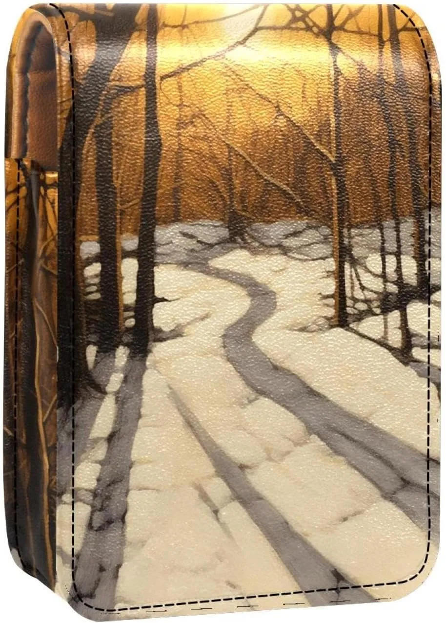 Lipstick Case,Leather Lip Gloss Lipstick Organizer with Mirror,Mini Lipstick Holder Bag,Winter Forest Tree Path