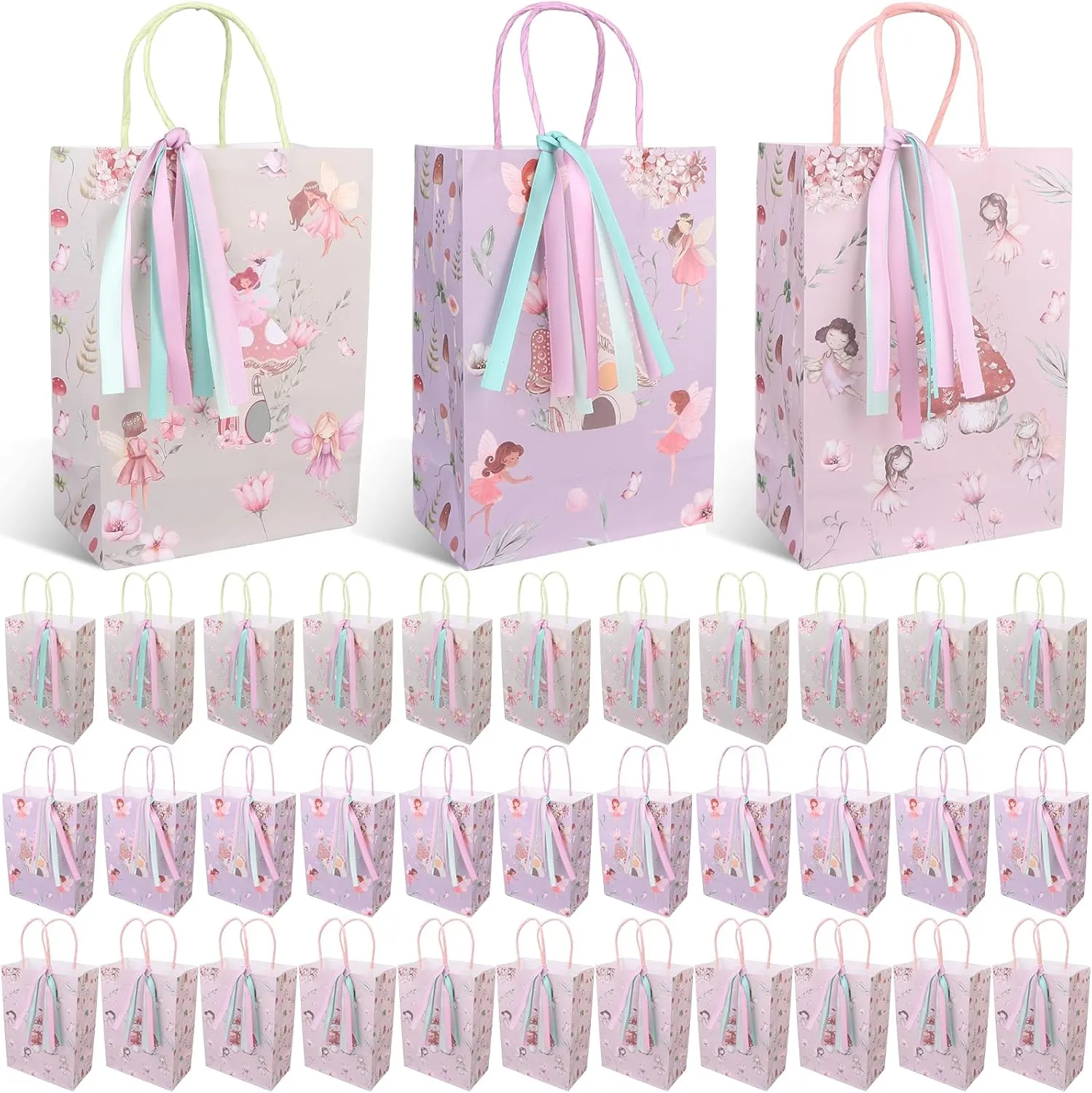 LIUBUJINGYING 36 Pcs Fairy Gift Bags Fairy Theme Party Favor Bag Floral Fairy Goodie Paper Treat Bag Mushroom Flower Party Favor Bag Forest Garden Gift Snack Treat with Ribbon for Birthday Baby Shower