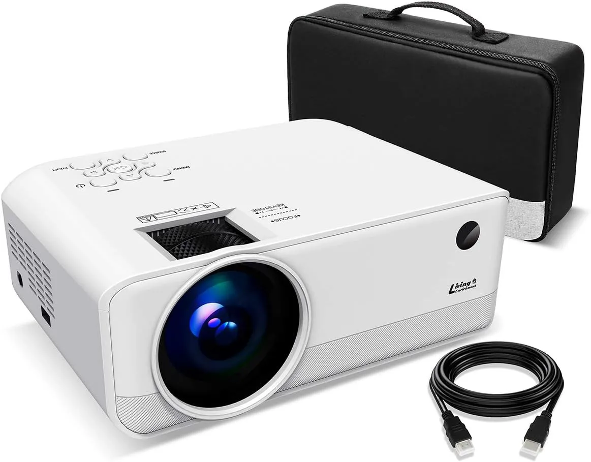 Living Enrichment Mini Projector, 1080P HD Supported Portable Video Projector, 7000 Lumen 50,000 Hours Led Lamp, 200'' Projection Display, Compatible with HDMI VGA USB DVD for Home Entertainment White