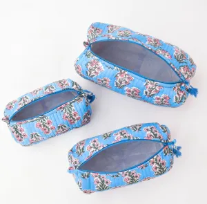 LOOKNSOURCE Cotton Toiletry Bag Floral Print Sky Blue Color Toiletry Bag Peck of 3 for Women