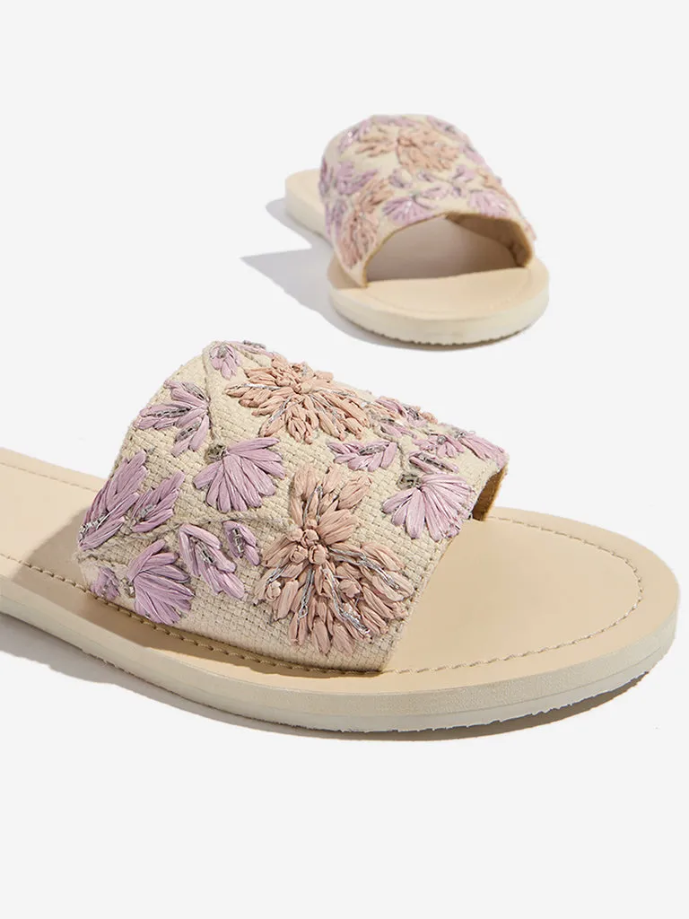 LUNA BLU Lilac Floral Embroidered Raffia Slides