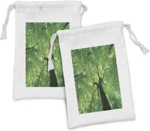 Lunarable Forest Fabric Pouch Set of 2, Body of a Tree Evergreen in the Nature Majestic Habitat Morning Image Print, Small Drawstring Bag for Toiletries Masks and Favors, 9" x 6", Green