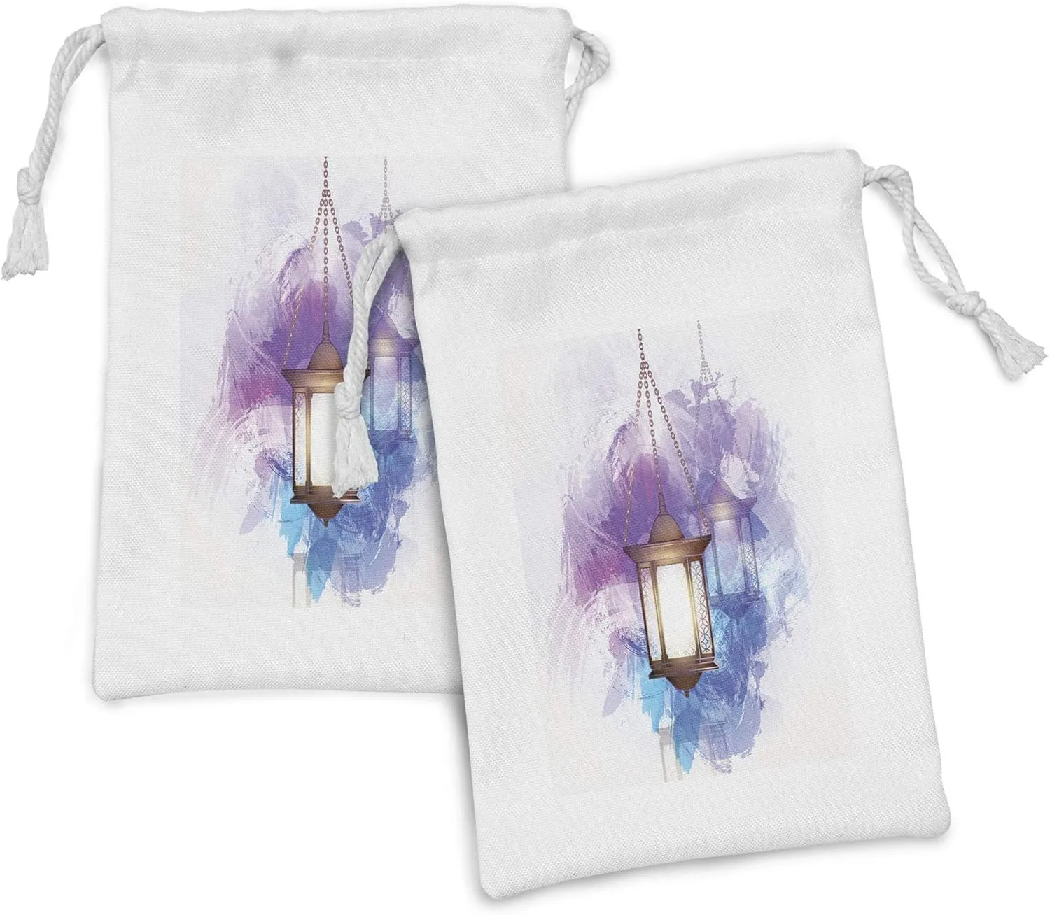 Lunarable Oriental Fabric Pouch Set of 2, Antique Traditional Style Mystic Symbolic Elements Design Watercolor, Small Drawstring Bag for Toiletries Masks and Favors, 9" x 6", Purple Yellow and Blue