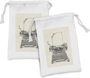 Lunarable Typewriter Fabric Pouch Set of 2, Antique Mass Media Publisher Machinery Sketched Article Typing, Small Drawstring Bag for Toiletries Masks and Favors, 9" x 6", Charcoal Grey Eggshell
