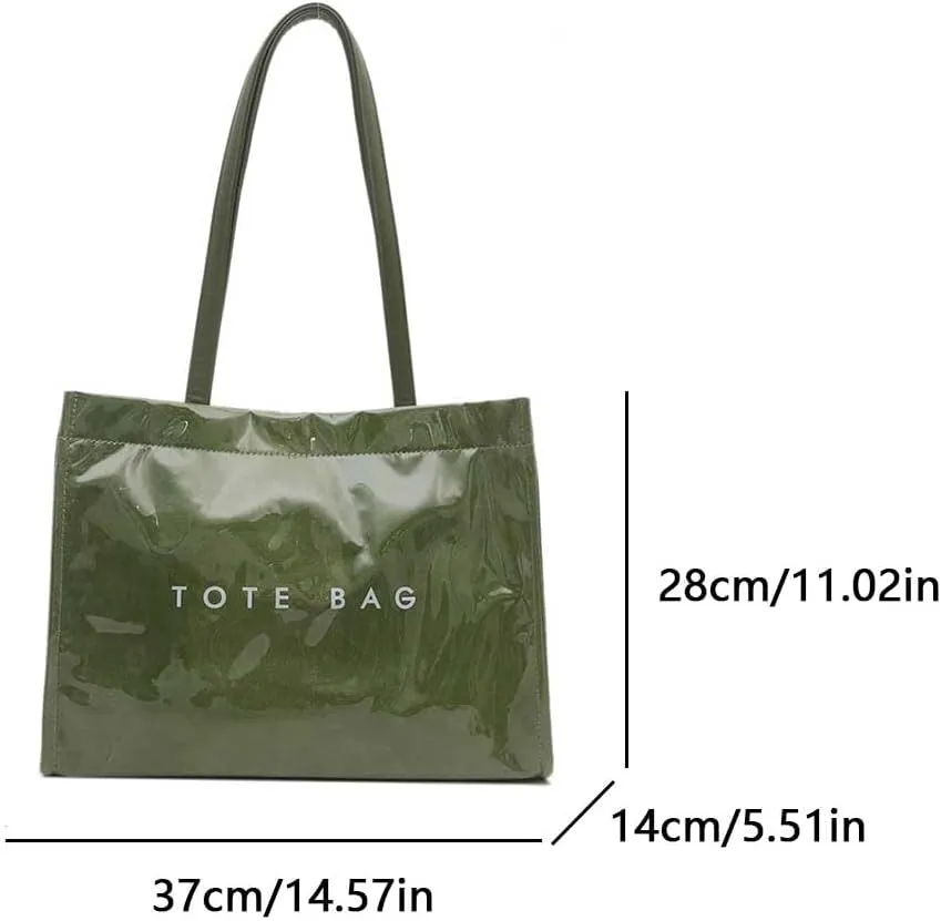 Lushandy Tote Bag for Women Work Large PVC Tote Bag with Shoulder Strap Trendy Letter Print Tote Bag Kraft Paper Hobo Handbag