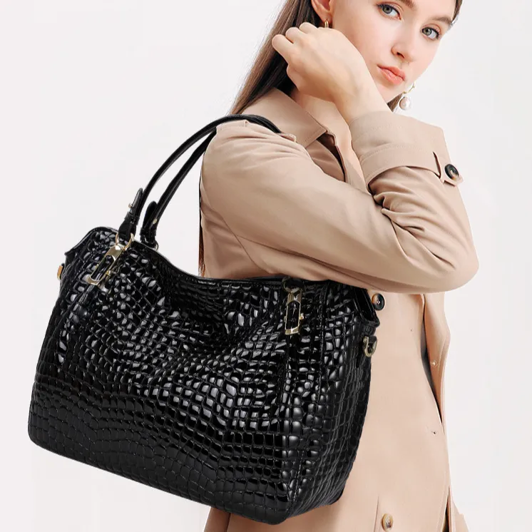 Luxury Crocodile Pattern Leather Tote Bag – Large Capacity Handbag