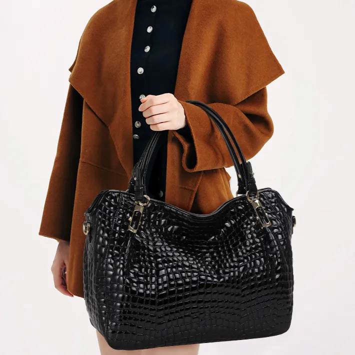 Luxury Crocodile Pattern Leather Tote Bag – Large Capacity Handbag