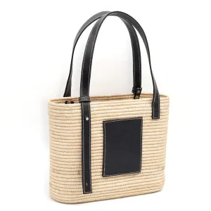 Luxury Raffia Tote Bag with Leather Handles – Handcrafted Elegance for Everyday Style, Women's Straw Woven Shoulder Bag, Tote Handbag, Summer Beach Purse (Black)