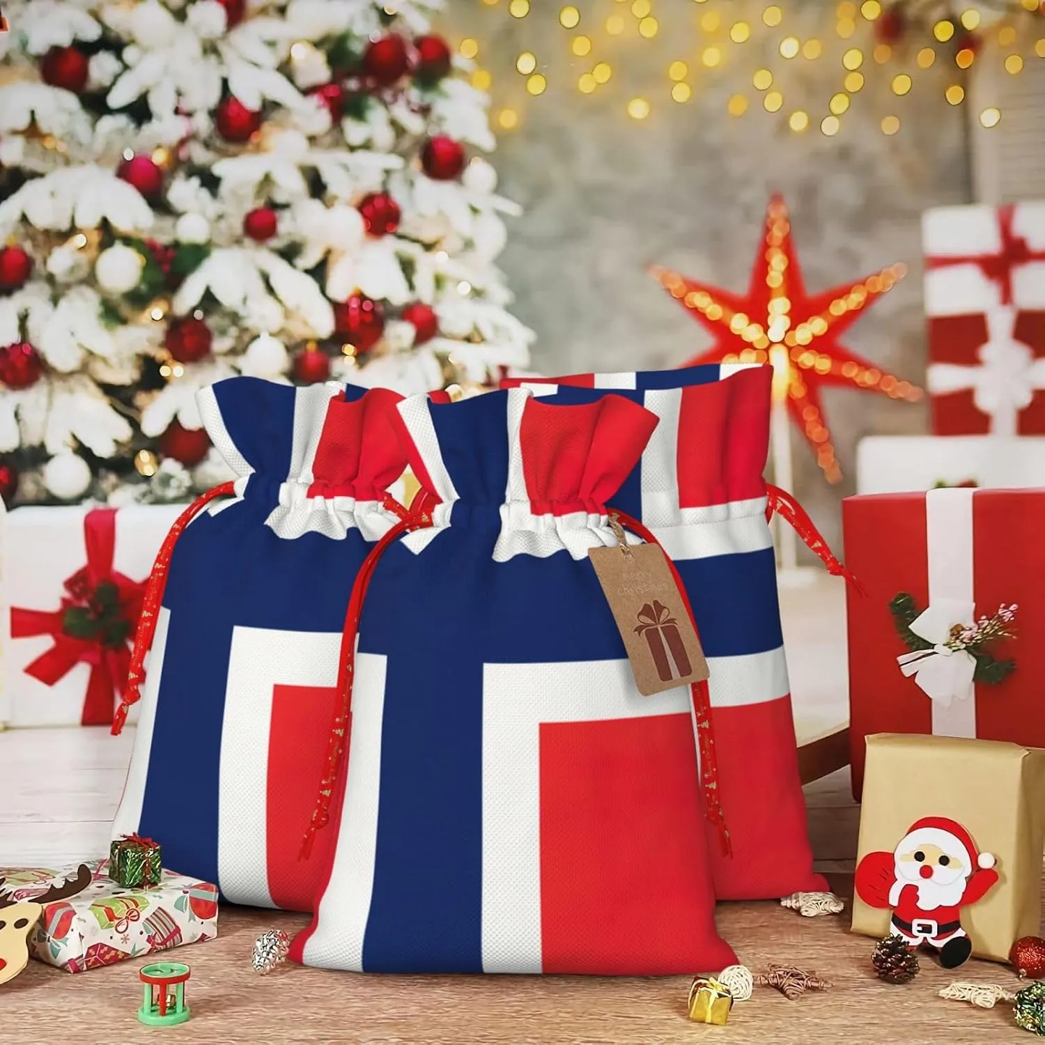 LXqlSS Norwegian flag print Burlap Bag,Christmas Gift Bag with Drawstrings and Gift Tag Wedding Christmas Party Favors