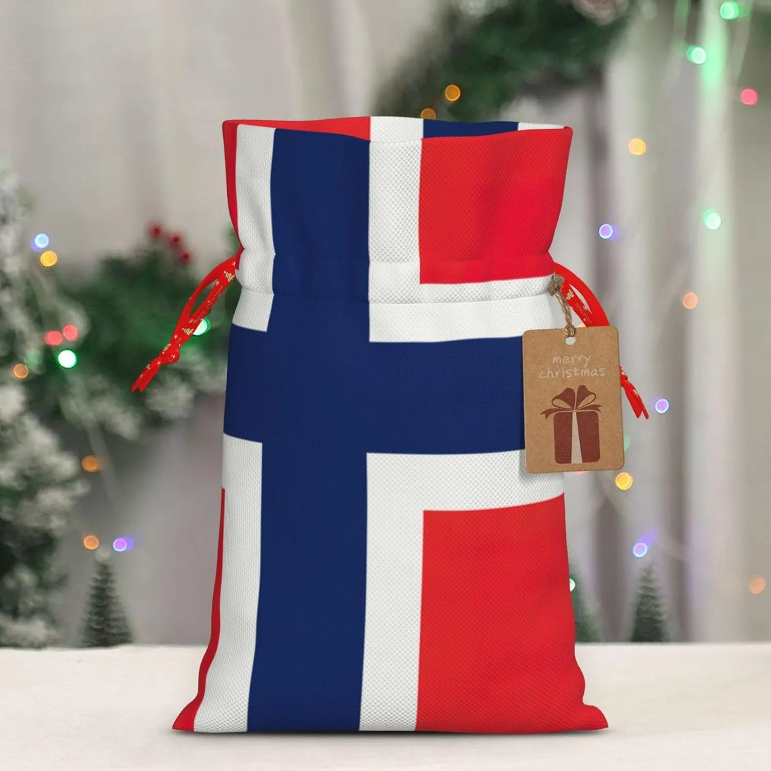 LXqlSS Norwegian flag print Burlap Bag,Christmas Gift Bag with Drawstrings and Gift Tag Wedding Christmas Party Favors