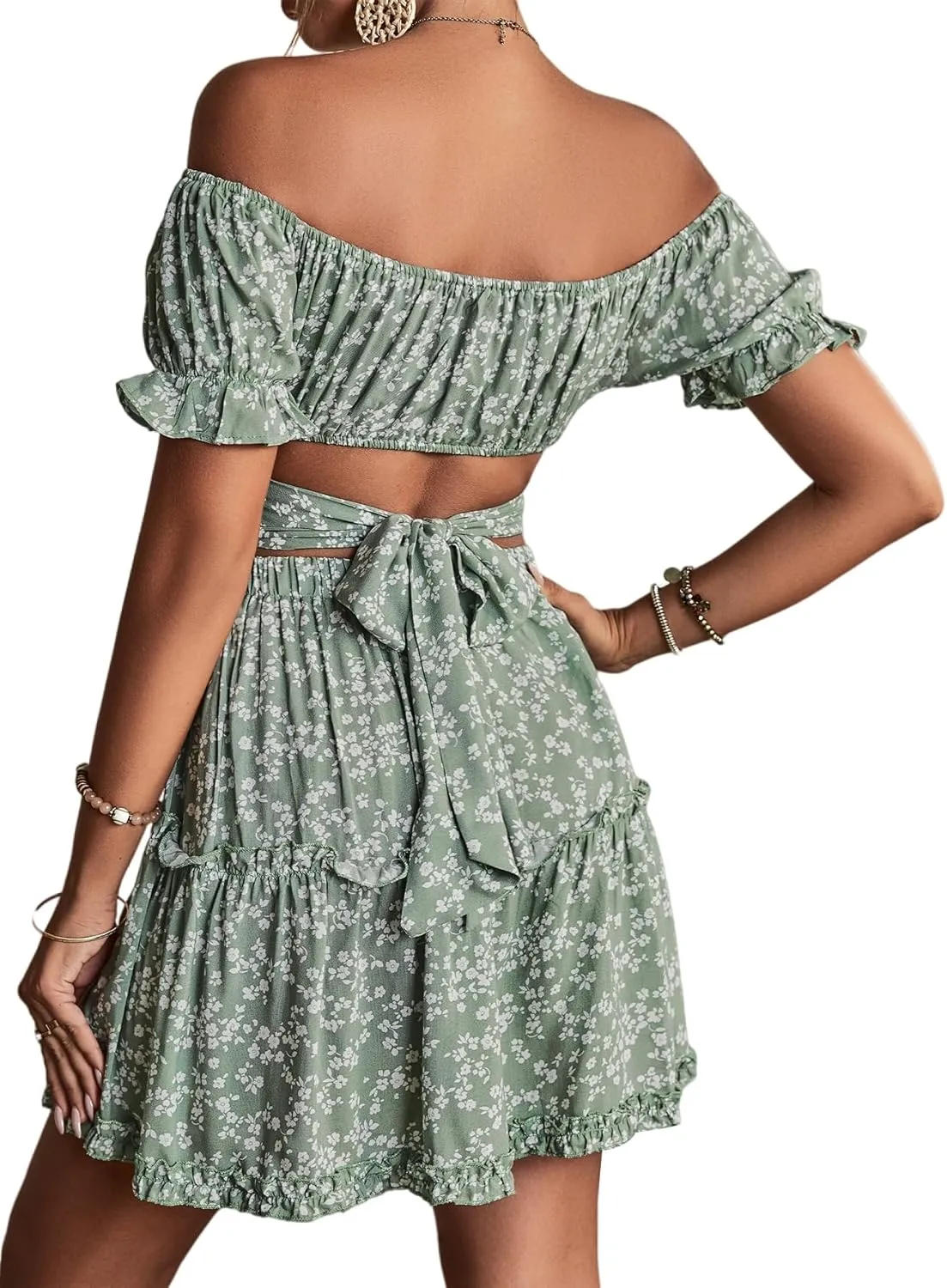 LYANER Women's 2 Piece Outfits Floral Off Shoulder Tie Up Crop Top and Mini Skirt Set