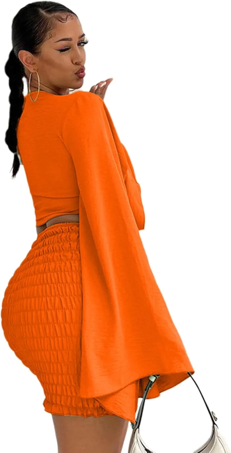 LYANER Women's 2 Piece Outfits Tie Knot Front Bell Long Sleeve Crop Top and Mini Skirt Set