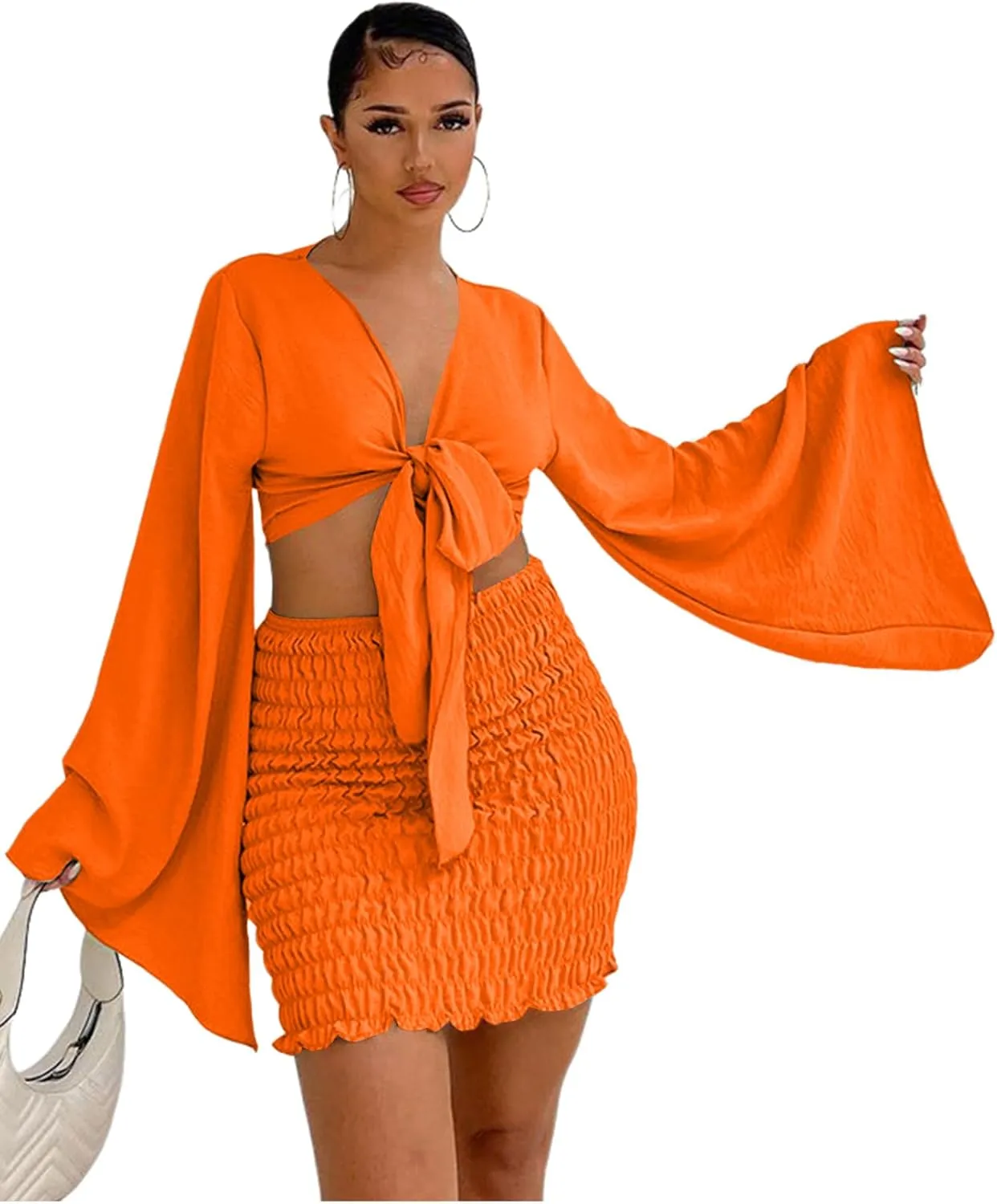 LYANER Women's 2 Piece Outfits Tie Knot Front Bell Long Sleeve Crop Top and Mini Skirt Set
