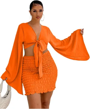 LYANER Women's 2 Piece Outfits Tie Knot Front Bell Long Sleeve Crop Top and Mini Skirt Set