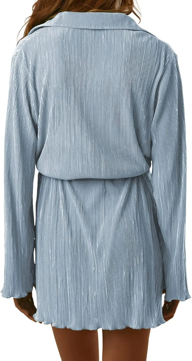 LYANER Women's Collar V Neck Button Down Pleated Long Sleeve Mini Shirt Dress with Belt
