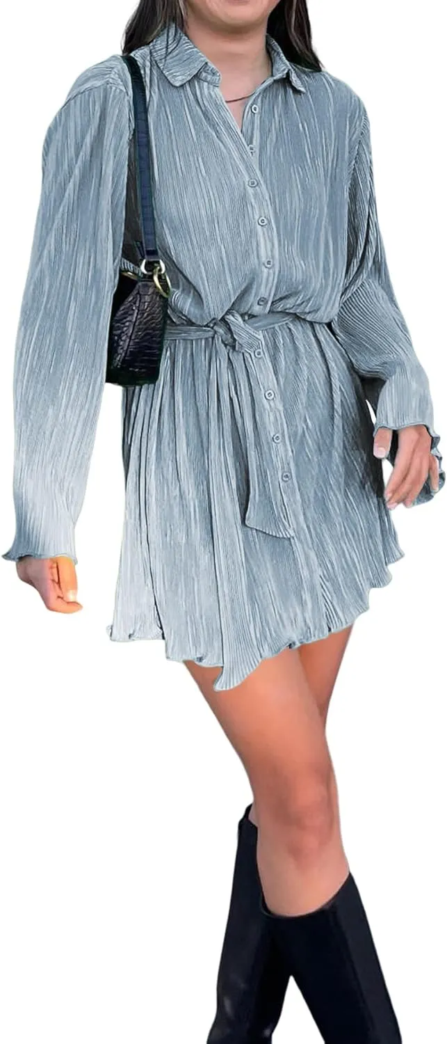 LYANER Women's Collar V Neck Button Down Pleated Long Sleeve Mini Shirt Dress with Belt