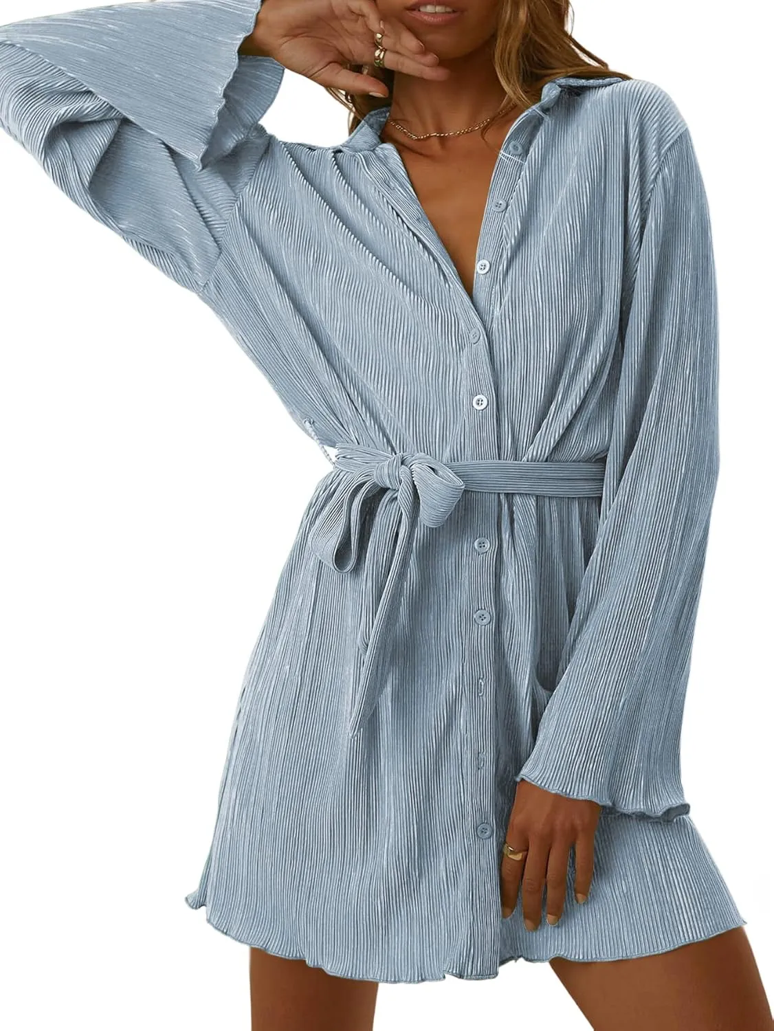 LYANER Women's Collar V Neck Button Down Pleated Long Sleeve Mini Shirt Dress with Belt