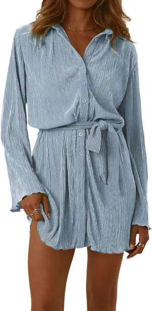 LYANER Women's Collar V Neck Button Down Pleated Long Sleeve Mini Shirt Dress with Belt