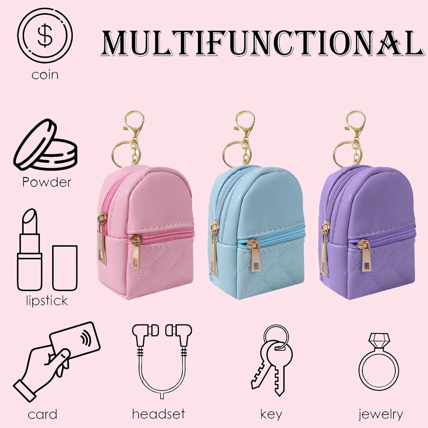 LYDZTION 3Pcs Mini Backpack Cute Cosmetic Bag for Women,PU Leather Makeup Bag Key Pocket Lipstick Bag Card Holder Data Cable Organizer Zipper Pouch,Pink Blue Purple