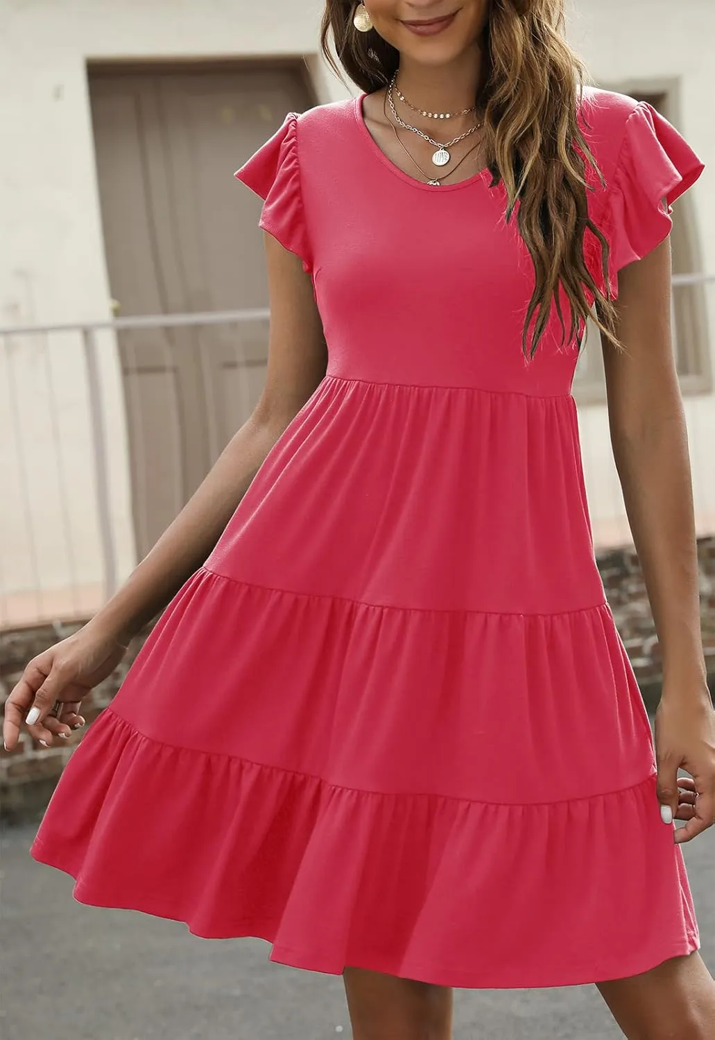 Lyrur Sundresses for Women Wedding Guest Cute Ruffle Sleeve Mini Tiered Babydoll Casual Beach Black Summer Dresses