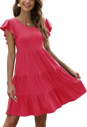 Lyrur Sundresses for Women Wedding Guest Cute Ruffle Sleeve Mini Tiered Babydoll Casual Beach Black Summer Dresses