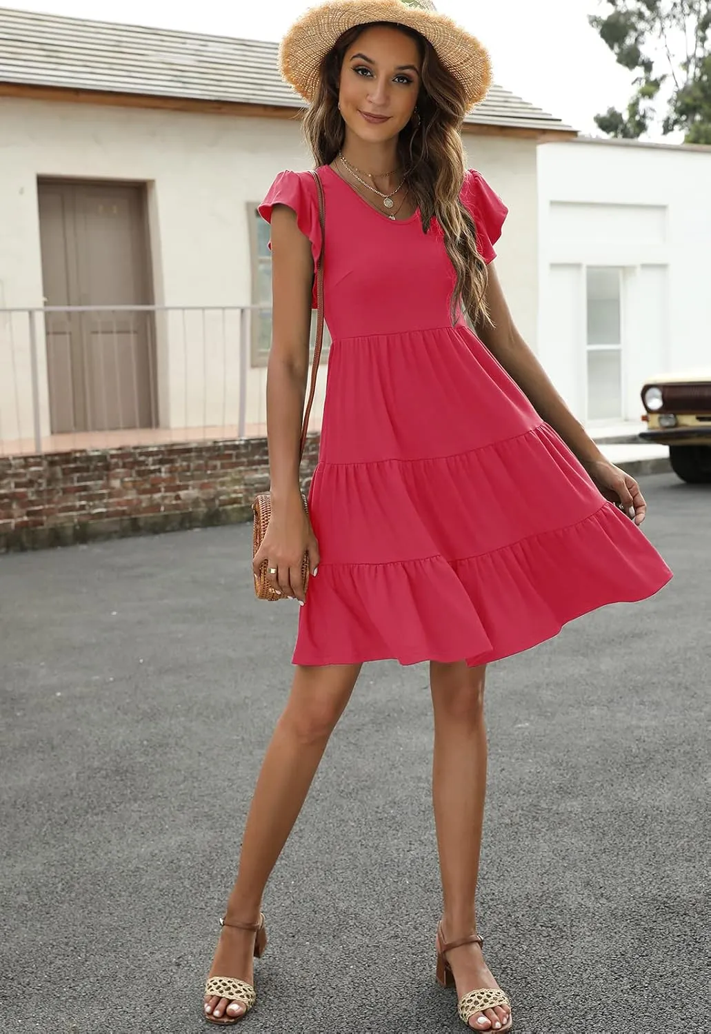 Lyrur Sundresses for Women Wedding Guest Cute Ruffle Sleeve Mini Tiered Babydoll Casual Beach Black Summer Dresses