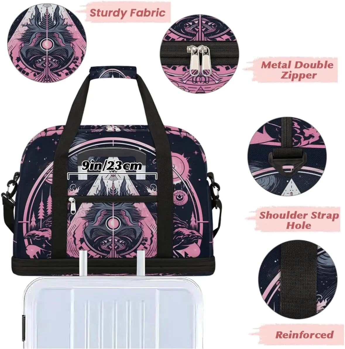 Magic Array Retro Print Travel Duffle Bag, Collapsible Travel Bag Sports Gym Bag With Shoes Compartment Weekender Bag Overnight Bag For Women Men