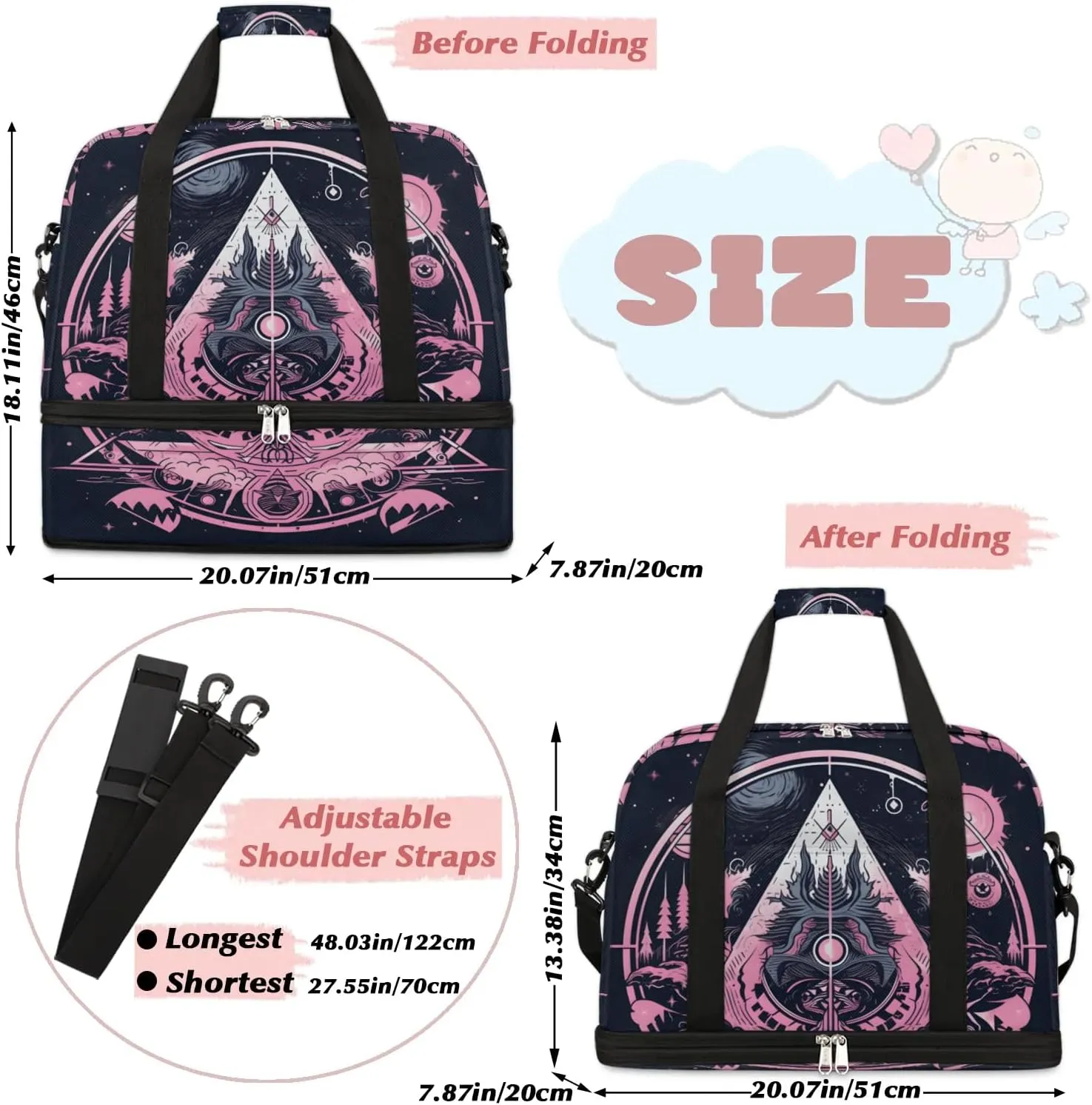 Magic Array Retro Print Travel Duffle Bag, Collapsible Travel Bag Sports Gym Bag With Shoes Compartment Weekender Bag Overnight Bag For Women Men