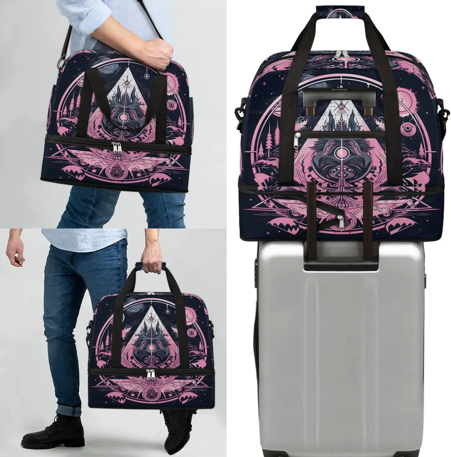 Magic Array Retro Print Travel Duffle Bag, Collapsible Travel Bag Sports Gym Bag With Shoes Compartment Weekender Bag Overnight Bag For Women Men