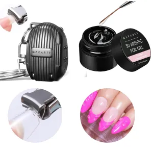 Makartt 3D Nail Foil Glue, 8ml Foil Transfer Gel Foil Adhesive Glue Bundle with Nail Clipper Foldable Nail Cutter Black Nail Clippers Mini Fingernail Clipper with Keyring