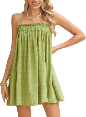 MakeMeChic Women's Casual Sleeveless Summer Cami Dress Ruffle Swing Shirred Mini Short Dress
