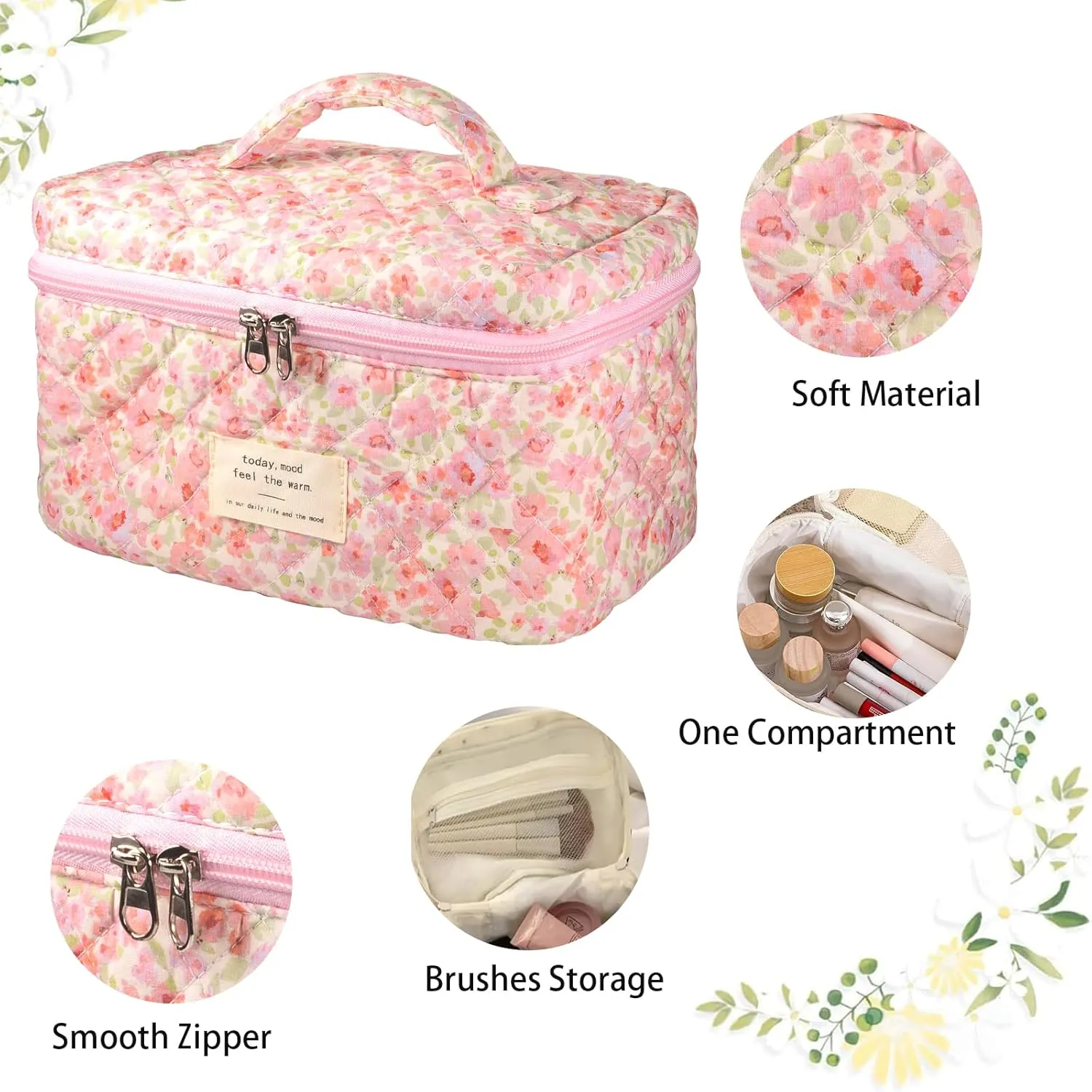 Makeup Bag, Large Quilted Makeup Bag, Cute Cosmetic Bags for Women Girls, Floral Aesthetic Travel Toiletry Bag