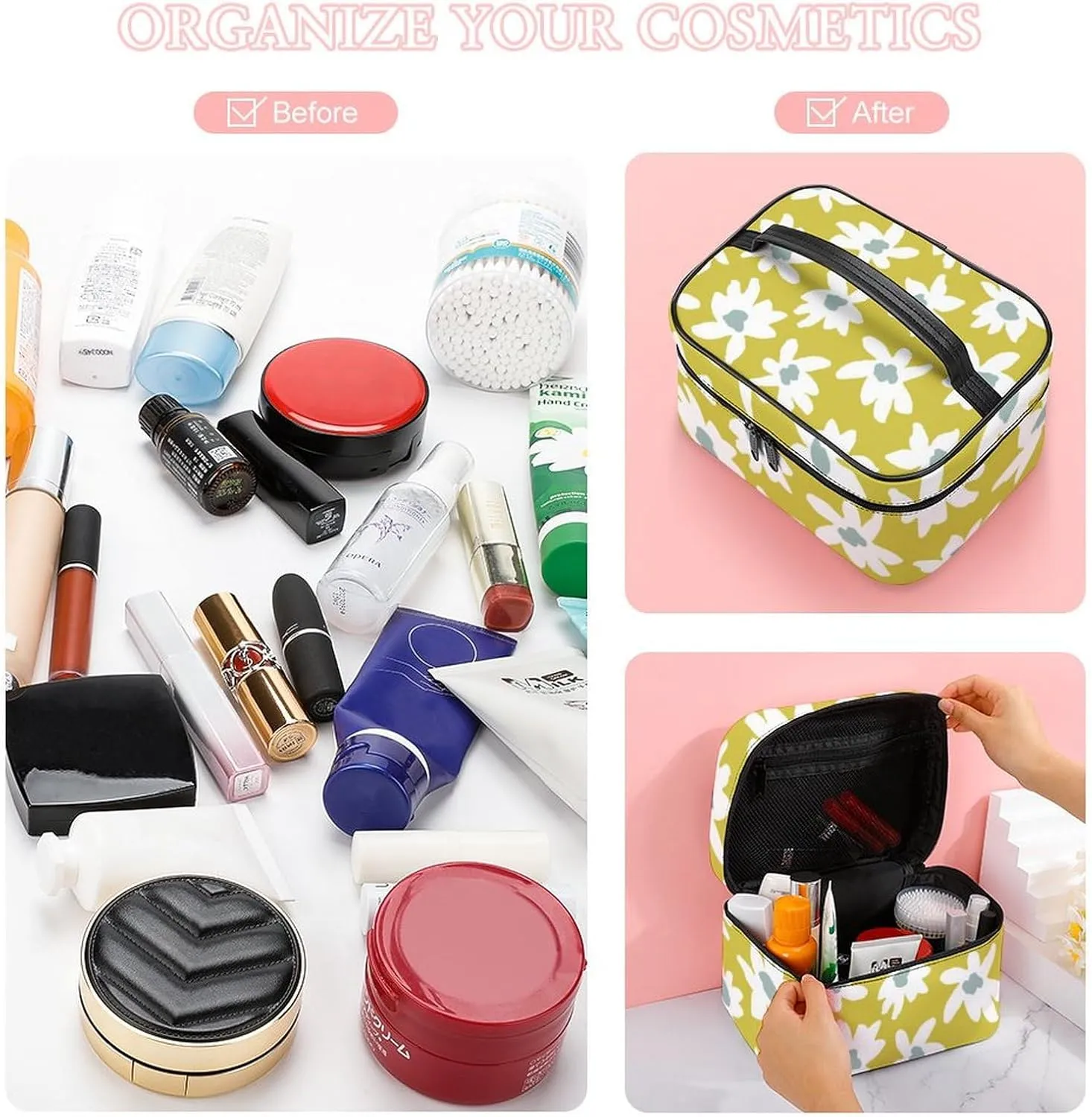 Makeup Bag Retro Daisy Flower Cosmetic Bag for Women, Beauty Zipper Makeup Organizer PU Leather Waterproof Toiletry Train Case Graphic Floral Print