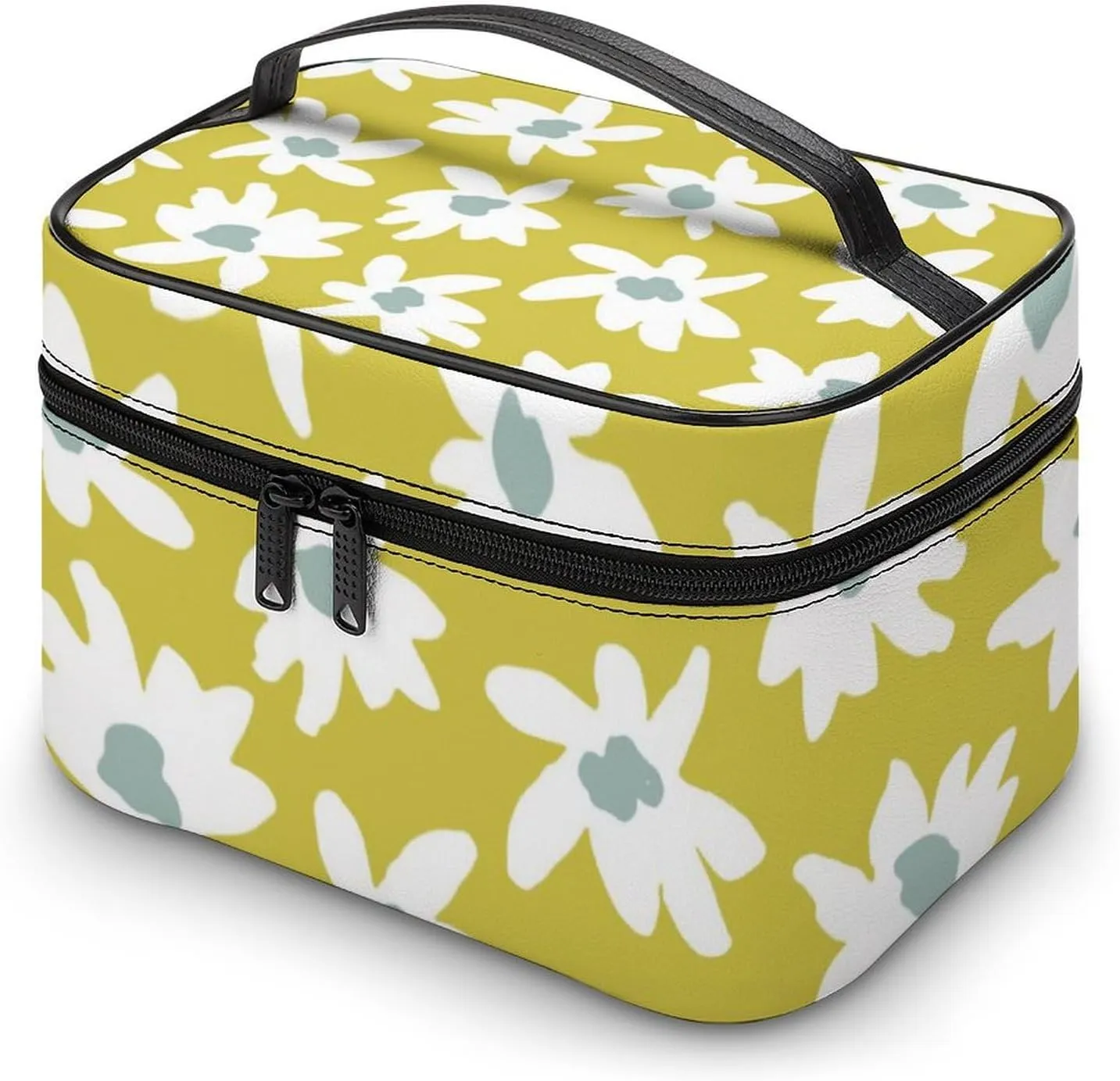Makeup Bag Retro Daisy Flower Cosmetic Bag for Women, Beauty Zipper Makeup Organizer PU Leather Waterproof Toiletry Train Case Graphic Floral Print