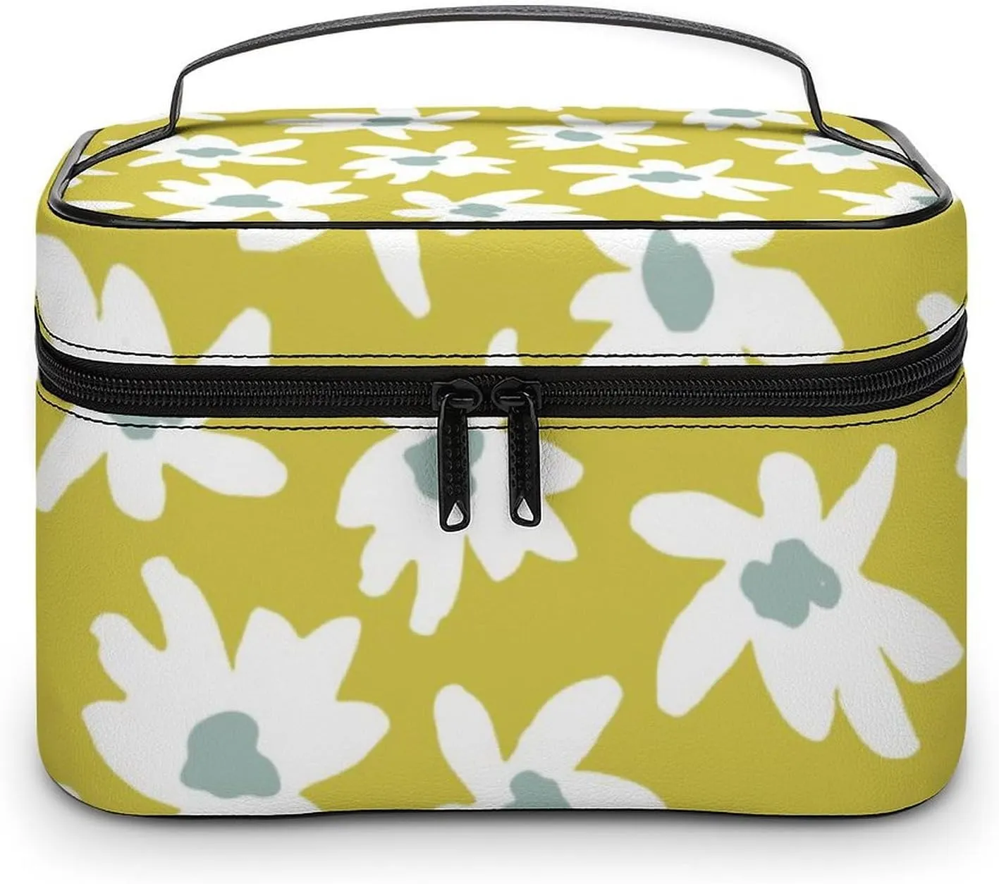 Makeup Bag Retro Daisy Flower Cosmetic Bag for Women, Beauty Zipper Makeup Organizer PU Leather Waterproof Toiletry Train Case Graphic Floral Print