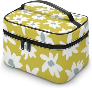 Makeup Bag Retro Daisy Flower Cosmetic Bag for Women, Beauty Zipper Makeup Organizer PU Leather Waterproof Toiletry Train Case Graphic Floral Print