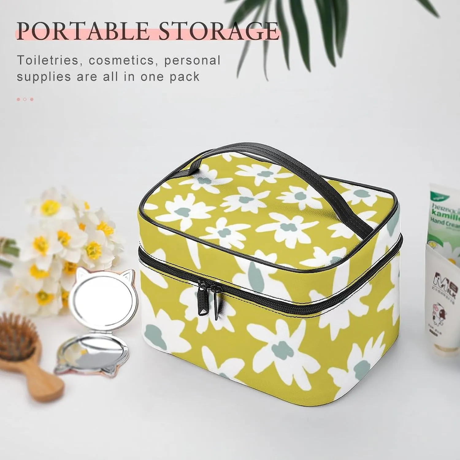 Makeup Bag Retro Daisy Flower Cosmetic Bag for Women, Beauty Zipper Makeup Organizer PU Leather Waterproof Toiletry Train Case Graphic Floral Print