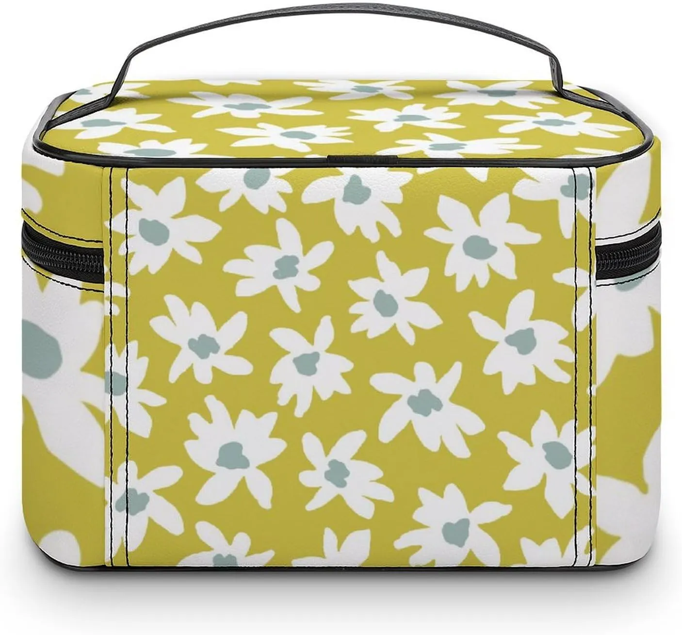 Makeup Bag Retro Daisy Flower Cosmetic Bag for Women, Beauty Zipper Makeup Organizer PU Leather Waterproof Toiletry Train Case Graphic Floral Print