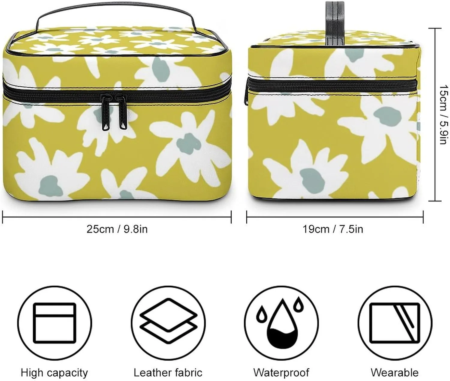 Makeup Bag Retro Daisy Flower Cosmetic Bag for Women, Beauty Zipper Makeup Organizer PU Leather Waterproof Toiletry Train Case Graphic Floral Print