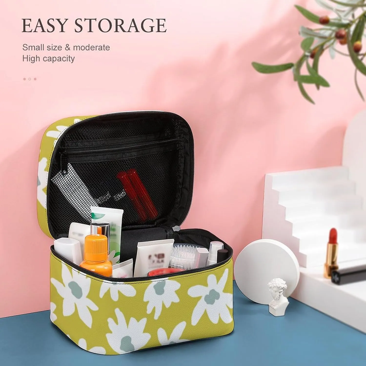 Makeup Bag Retro Daisy Flower Cosmetic Bag for Women, Beauty Zipper Makeup Organizer PU Leather Waterproof Toiletry Train Case Graphic Floral Print